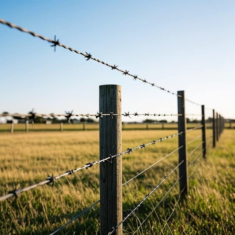 Realistic photograph of a well-maintained high-tensile wire fence in a rural agricultural landscape, emphasizing structural stability and low-maintenance design Realistic photograph of a well-maintained high-tensile wire fence in a rural agricultural landscape, showcasing structural stability and low-maintenance resilience