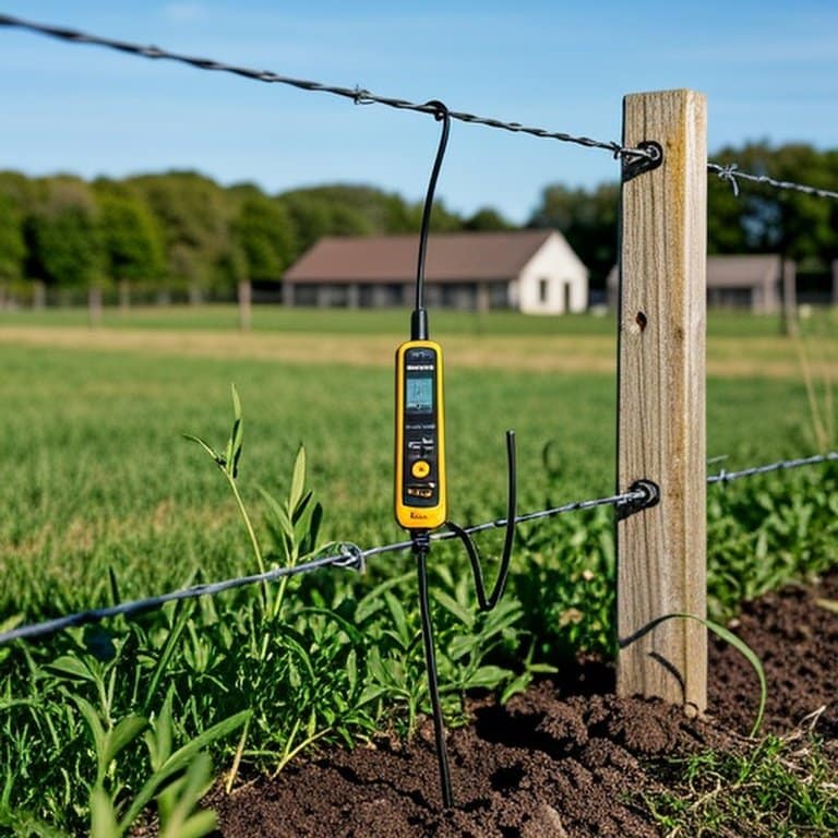Real-world electric fence troubleshooting scene showing voltage tester, grounding rods, vegetation contact, farm pasture environment (instructional documentary style) Real-world electric fence troubleshooting scene for agricultural setup