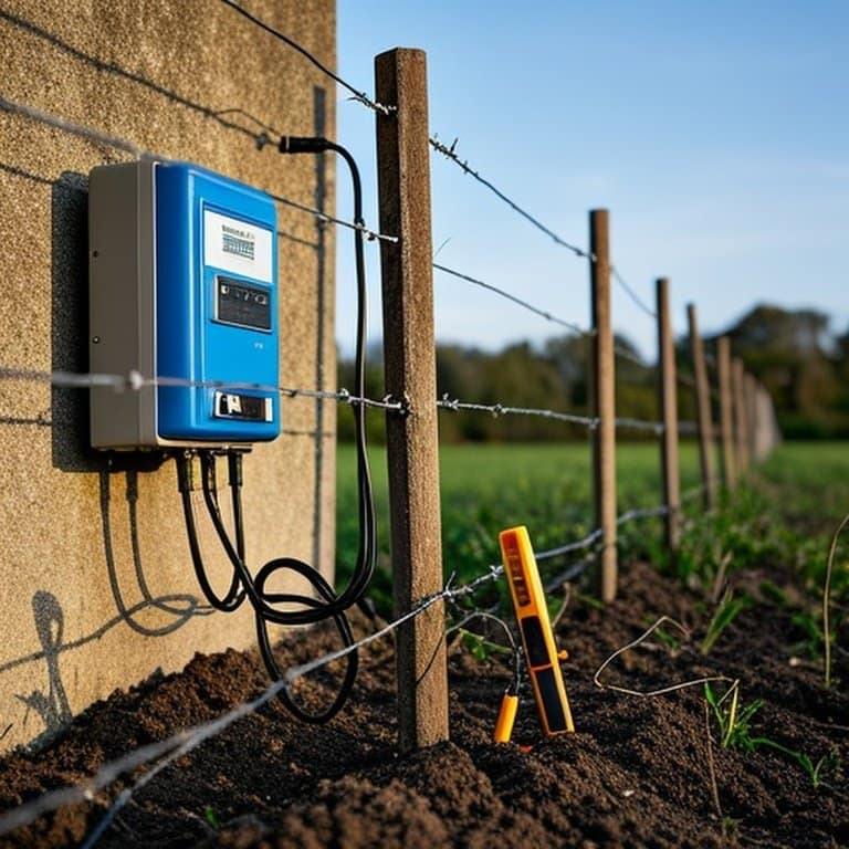 农场电围栏故障排查场景图,展示故障排查相关元素 农场电围栏故障排查场景示意图,包含 energizer、接地棒、围栏测试仪、断导线及植被接触情况