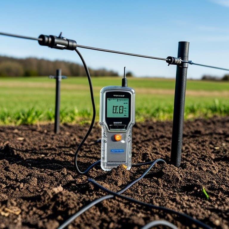 Farm electric fence being tested with a digital voltage tester in an agricultural setting Farm electric fence being tested with a digital voltage tester in an agricultural setting