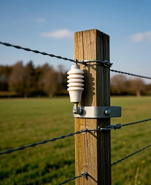 Close-up of a Wildlife & Predator Fencing system section in an outdoor agricultural pasture, showing a wooden fence post with tightly attached wire, metal bracket, and ceramic insulator, bathed in natural daylight