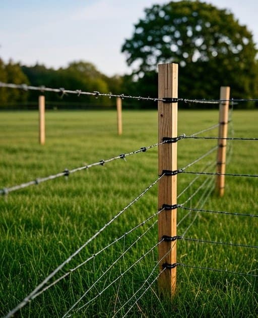 Properly installed Wildlife & Predator Fencing system in a rural agricultural pasture with pressure-treated wooden fence posts and high-tensile galvanized wire