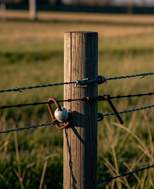 Close-up of weathered wood fence post with rusty metal bracket attaching thick wire, ceramic insulator, and tall grass in outdoor agricultural pasture background