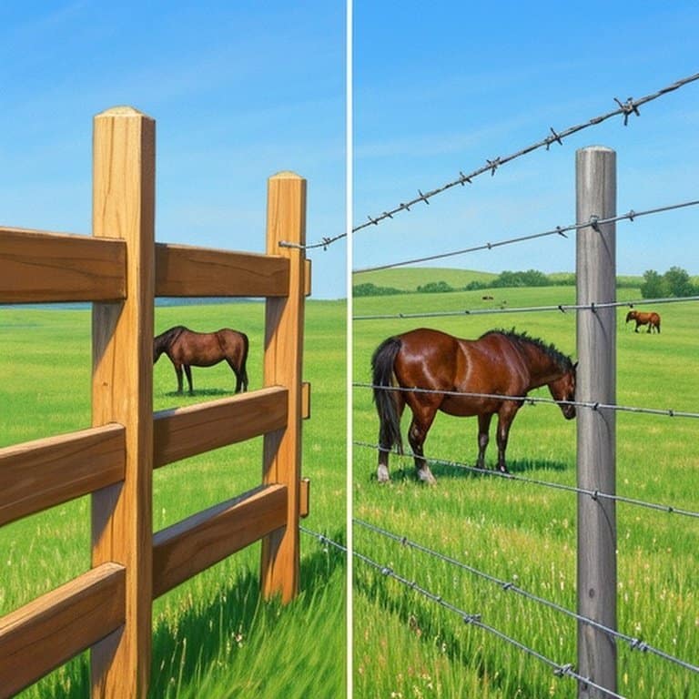 Realistic split-farm scene with wooden and high-tensile wire fences under natural daylight, showcasing livestock grazing and cattle behavior, emphasizing fence types comparison Realistic split-farm scene with wooden and high-tensile wire fences under natural daylight, showcasing livestock behavior and fencing efficiency comparison