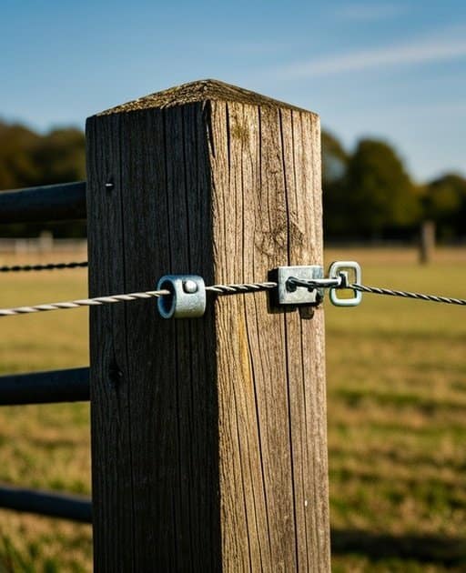 A close-up of a wooden fence post in an outdoor agricultural pasture, showing the rough texture of the wood, a tightly attached wire running along the post, a small metal bracket securing the wire, and a clear view of the hardware connection point where the bracket is fastened to the post, all bathed in natural daylight with a clean composition and a documentary-style stock photo look