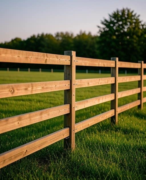 Well-installed Wood Fencing Guide system with pressure-treated posts and planks in a rural agricultural pasture, featuring evenly spaced posts, metal brackets securing thick wooden planks, green pasture grass in the foreground, and distant leafy trees in the background, captured with sharp focus on structural details and soft natural lighting