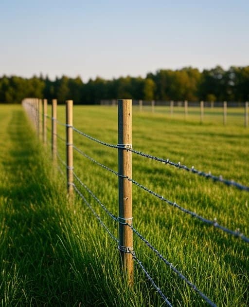 Properly installed woven wire field fence system in a rural agricultural pasture