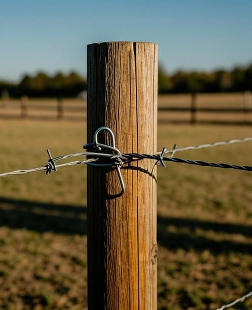 Close-up of a woven wire fence post in an outdoor agricultural pasture, showing wood grain, tightly woven wire with metal bracket, hardware connection, natural daylight, documentary-style composition