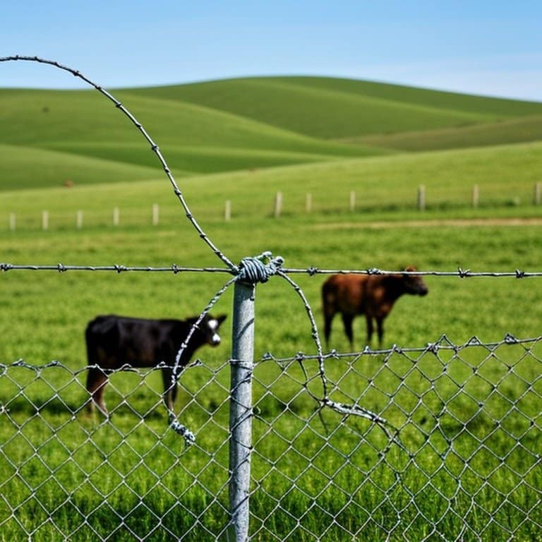 Realistic documentary-style farm pasture photograph with rolling green hills, contrasting flexible woven wire fence (with calf) and rigid welded wire fence, showcasing structural differences in agricultural fencing Realistic documentary-style farm pasture photograph with rolling green hills, showing contrasting flexible woven wire fence (with calf) and rigid welded wire fence, highlighting structural differences in agricultural fencing, natural sunlight, and pastoral colors